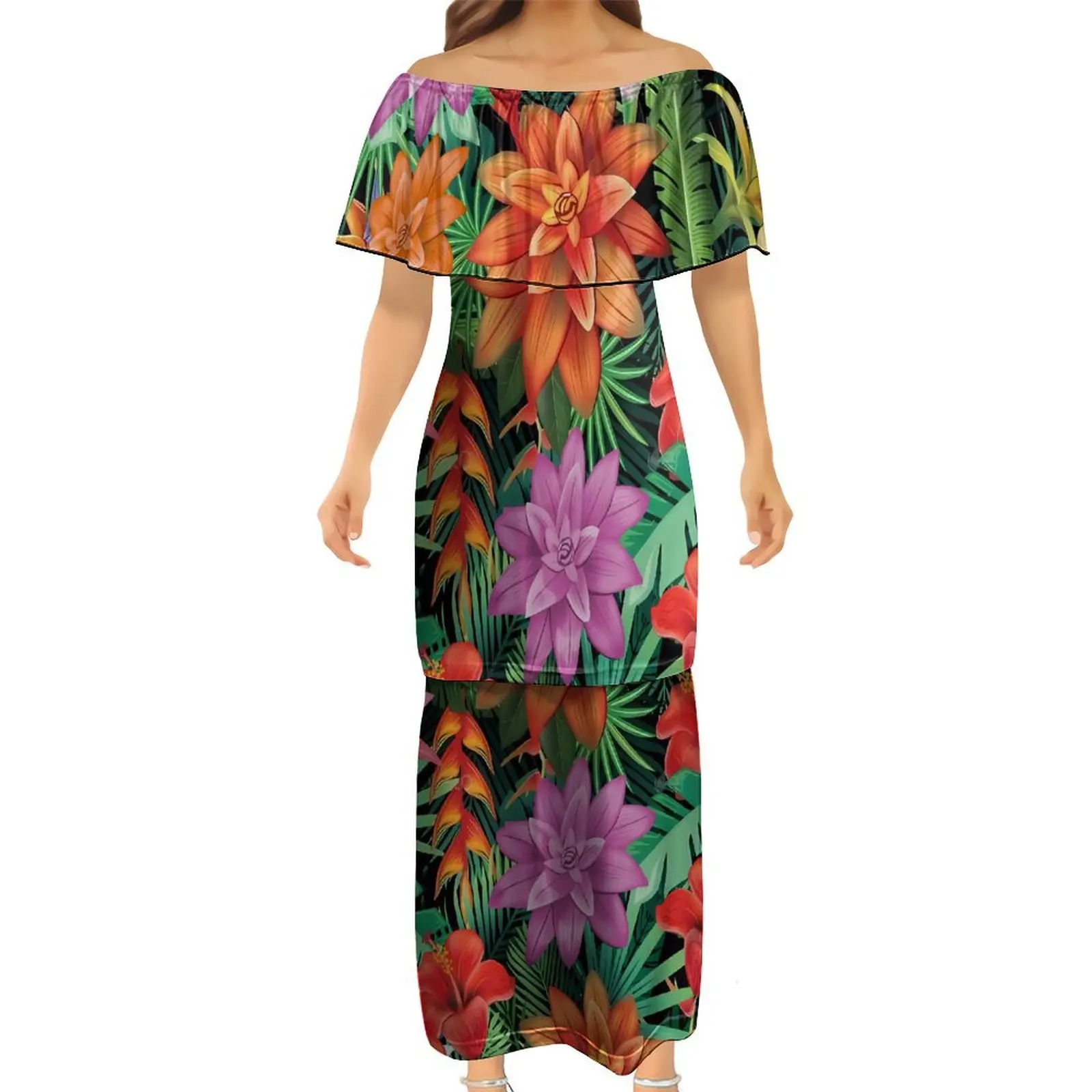 

Luxury Design Polynesian Dress Tribal Dress Custom Puletasi Lotus Leaf Line Collar Custom Samoan Floral Print Dress 2024