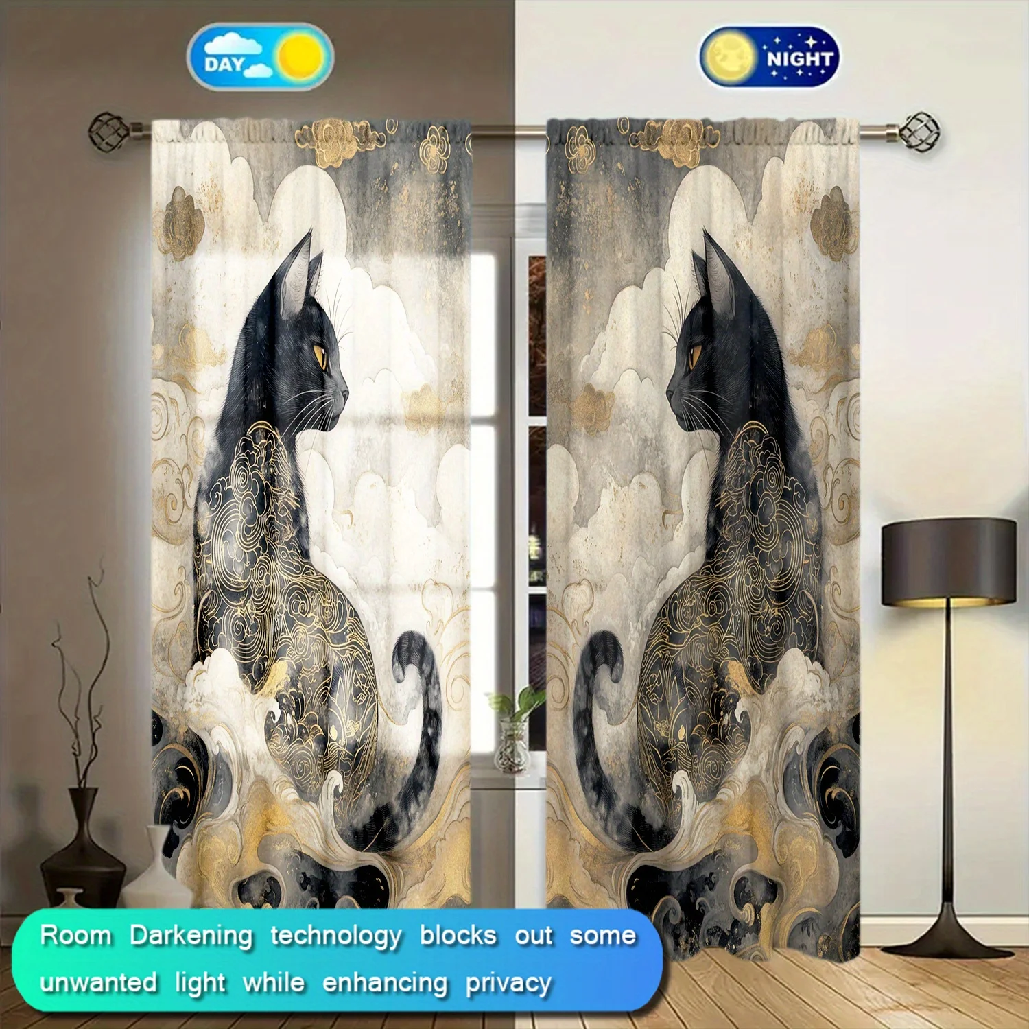 Majestic Black Cat Art Curtain Pair Gold Cloud Pattern Window Drapes Gothic Luxury Home Decor Living Room Panels