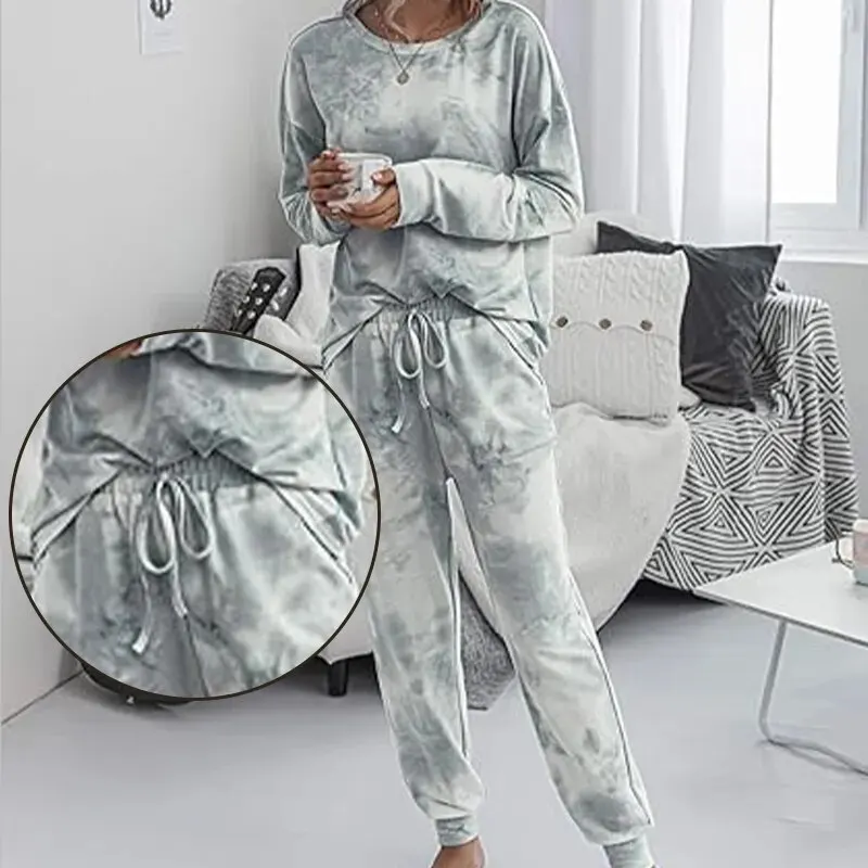 Women\'s Tie-Dye Round Neck Casual Long Sleeve Two-Piece Sweatshirt Set Long Sleeve Sweatshirt With Long Pants