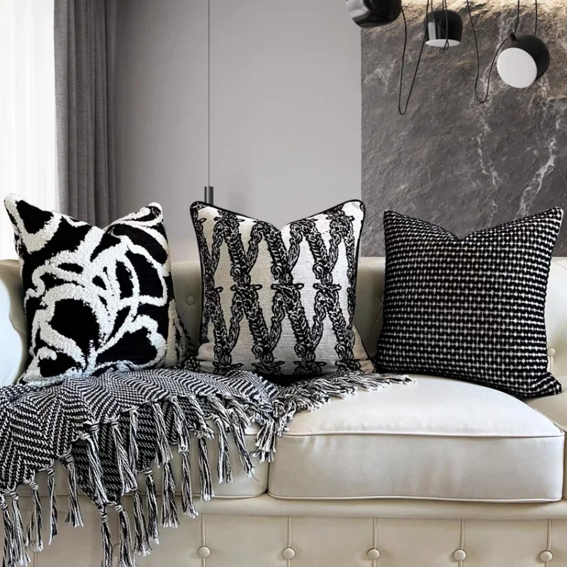 Luxury Black & White Textured Throw Pillow Cover Tufted Abstract & Chain Jacquard Cushion Cases Houndstooth Decorative Pillow
