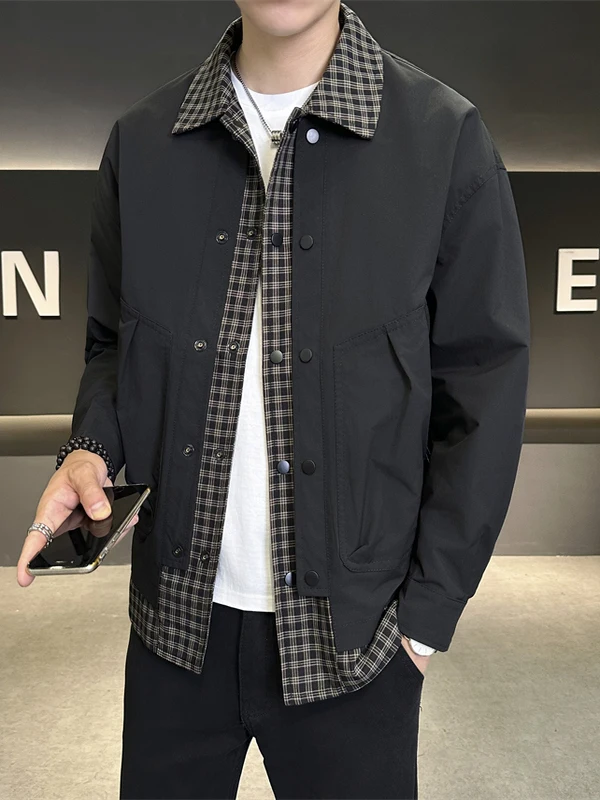 

Повседневная клетчатая мужская куртка на пуговицах с воротником-стойкой, рабочая одежда Jaet Youth Faion Stand Fit Long Sve Anti-Wind