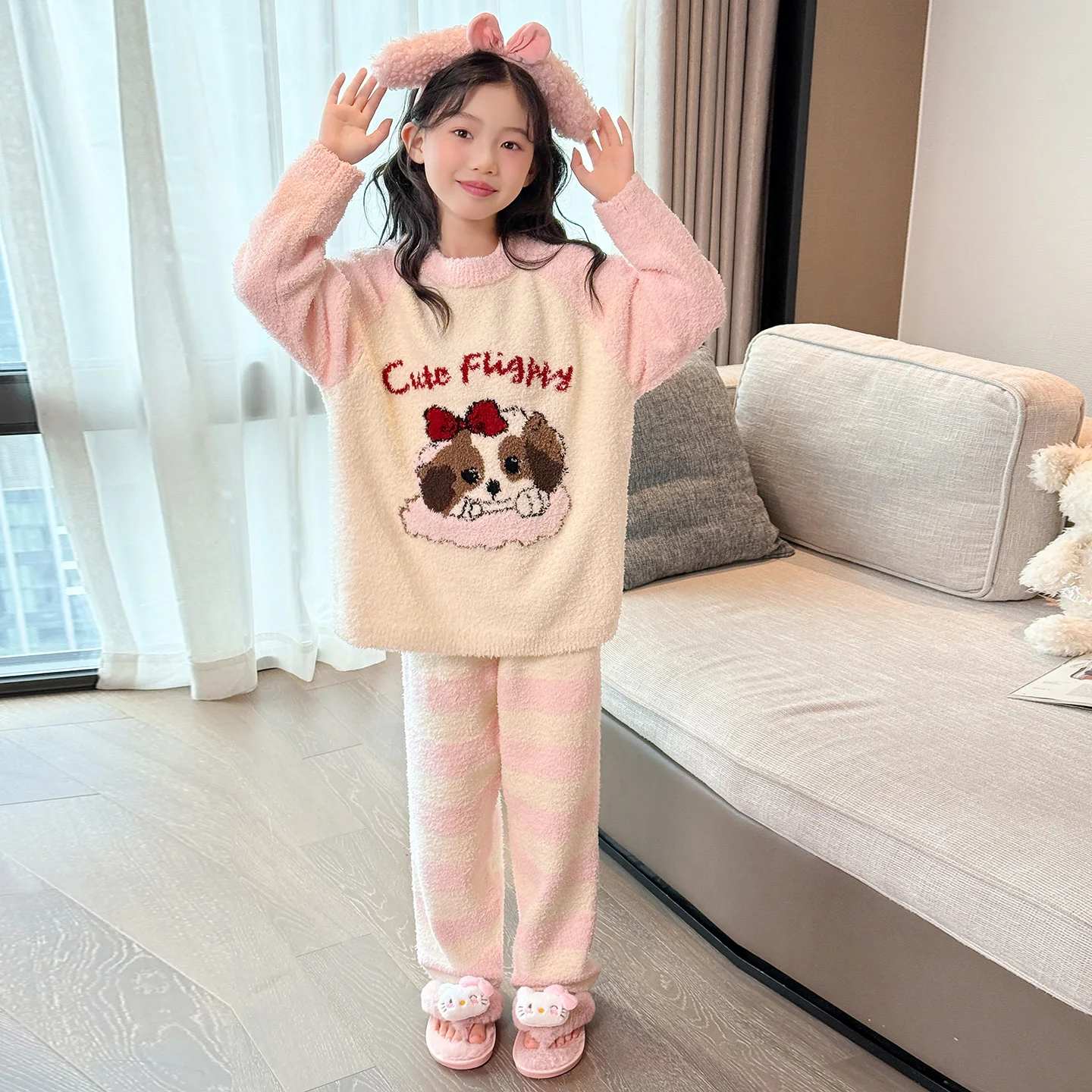 

Child Velvet Warm HomeWear Sets Size 4-14Y Fall Winter Sleepwear Toddler Children Warm Hooded Coat Top+Long Pants Bottom Sets