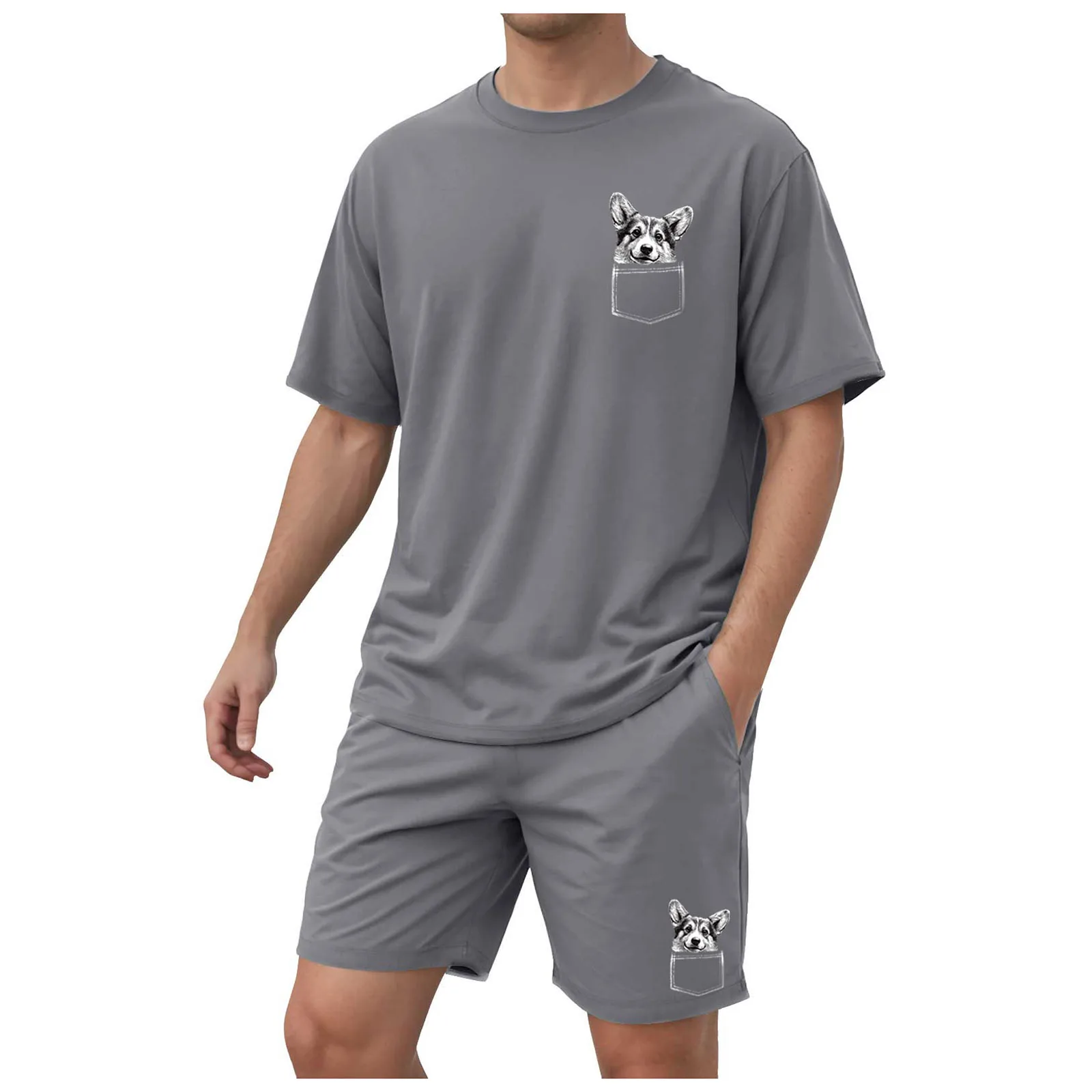 

Thick Suit Men's Pocket Cute Puppy Pocket Partial Print Short Sleeve Shorts Suit Men Slim Fit Track Suit