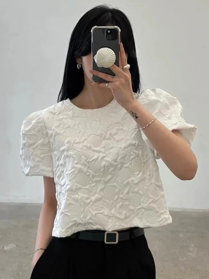 Korean Style Women's Short Shirt Bubble Sleeve Slimming Texture Bubble Pleat Summer Fashion Item Casual Loose Fit round Neck