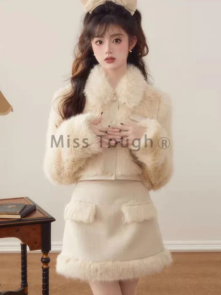 Winter White Japanese Sweet Two Piece Set Women Patchwork Y2k Elegant Mini Skirt Suit Female Korean Style Warm Vintage Set 2023