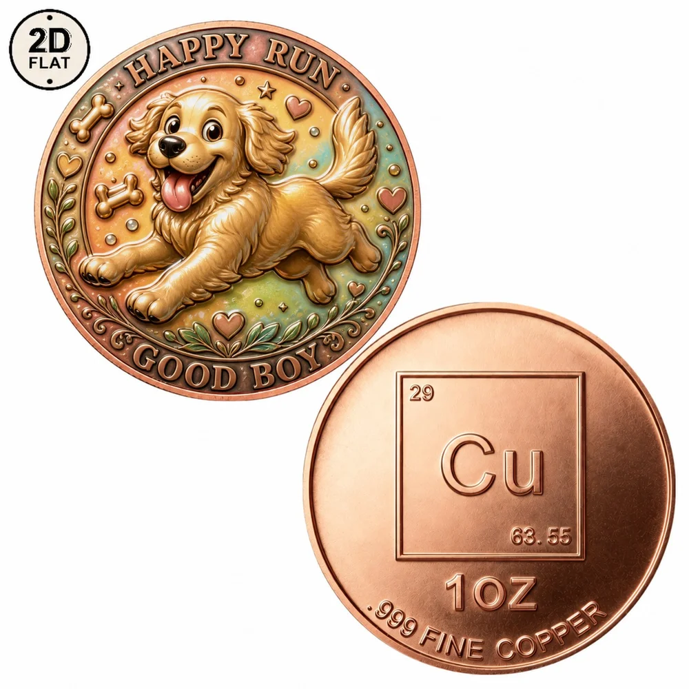 1pc Happy Run Good Boy Puppy 1oz Fine Copper Commemorative Coin Cute Golden Retriever Gog Collectible Coin Gift for Dog Lovers