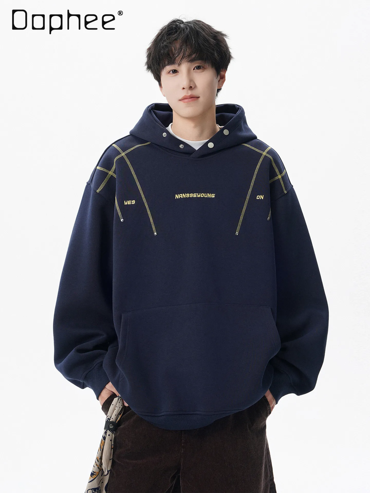 

Весенне-осенняя серая толстовка с буквенным принтом в американском стиле для мужчин. Крутая и красивая свободная повседневная темно-синяя толстовка с капюшоном.