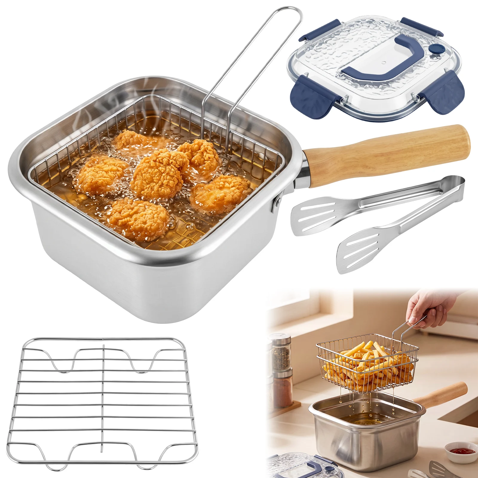 Stainless Steel Square Deep Fryer Pot with Frying Basket Compact Deep Fryer Cooking Pot Portable Deep Fryer for Dorm RV Travel