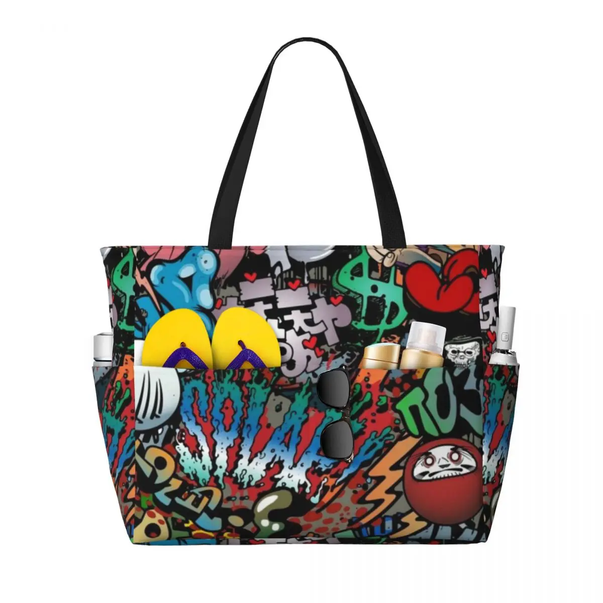 

Synr 70s Retro Comic Graffiti Print Large Summer Beach Bag Ideal for Beach Travel & Camping