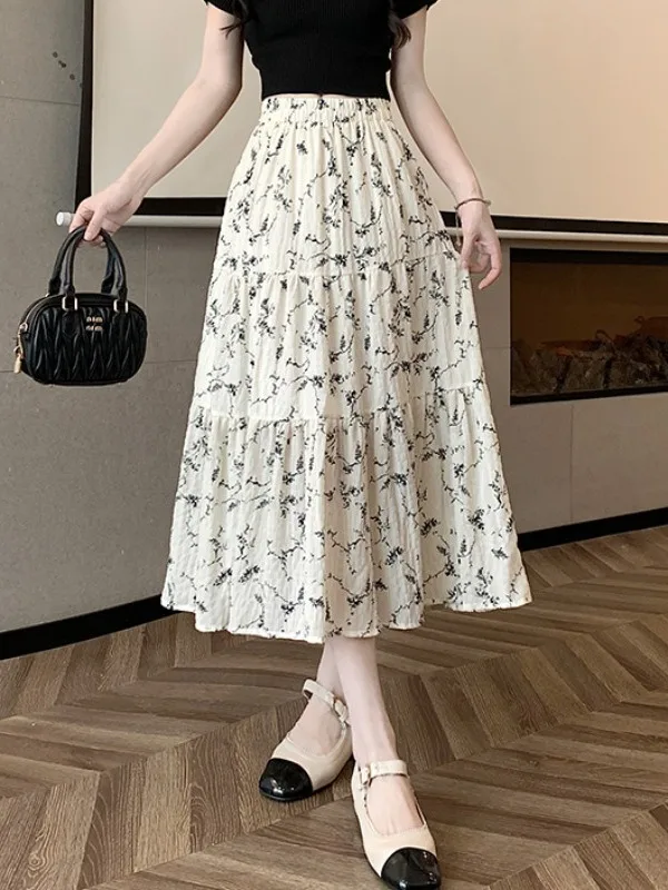 

Retro Floral Print Chiffon Skirt Women's Summer Casual Mid-Length Maxi Skirt Slimming Fluffy Half-length City Walk Skirt