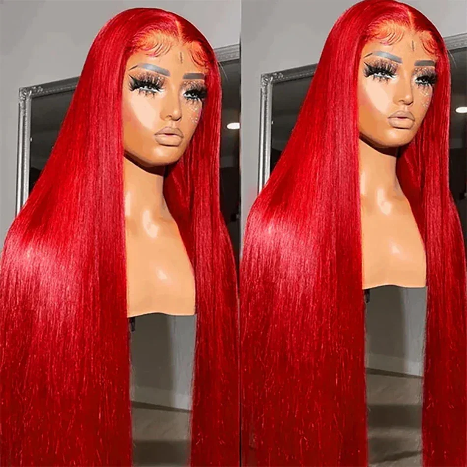30 40 Inch Brazilian Red 13x6 HD Lace Front Human Hair Wigs 200% Red Color Straight 13X4 Transparent Lace Frontal Wig For Women image 4