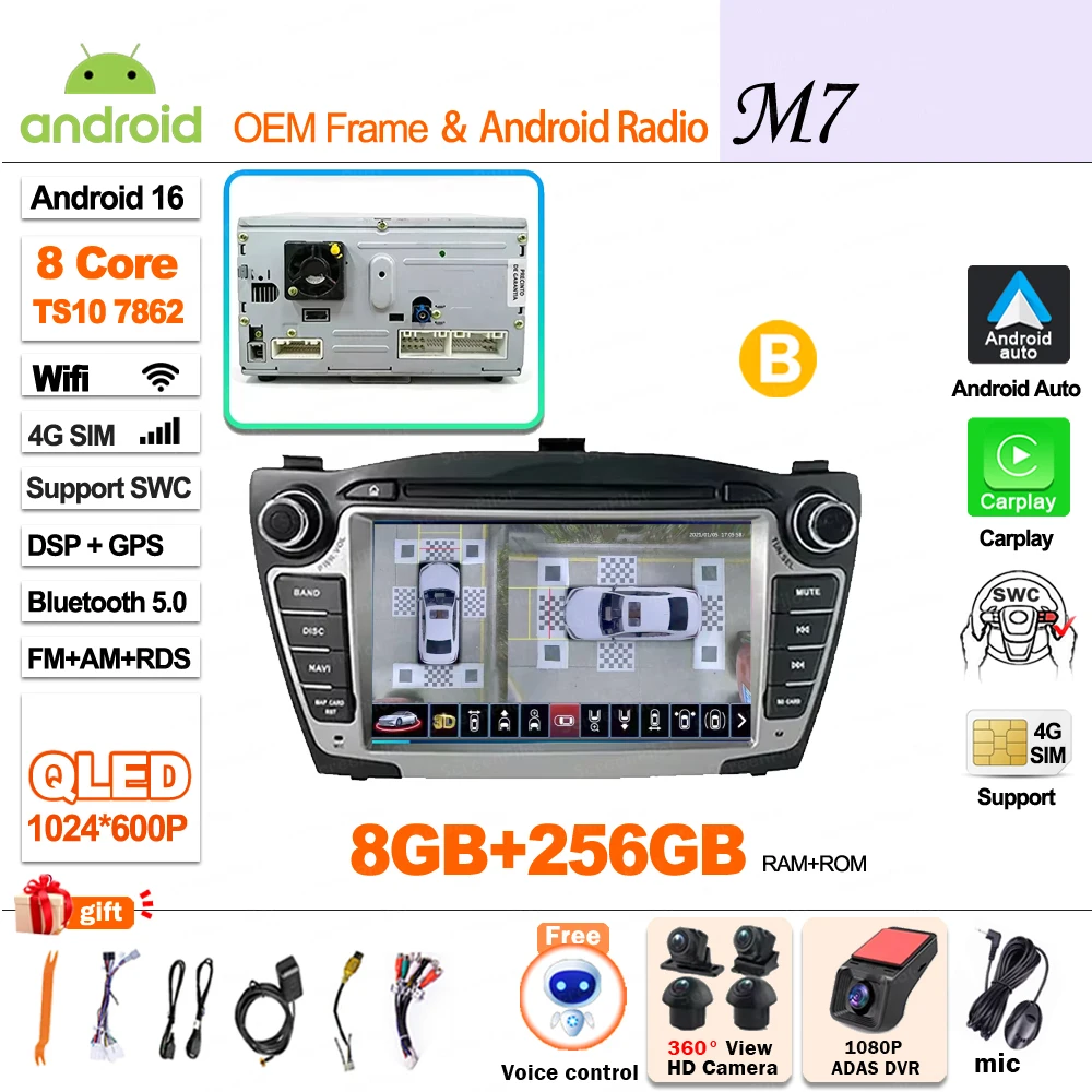 Android 16 Carplay voor Hyundai IX35 Tucson 2 LM 2009 - 2015 autoradio multimediaspeler QLED scherm GPS navigatie WiFi 5G