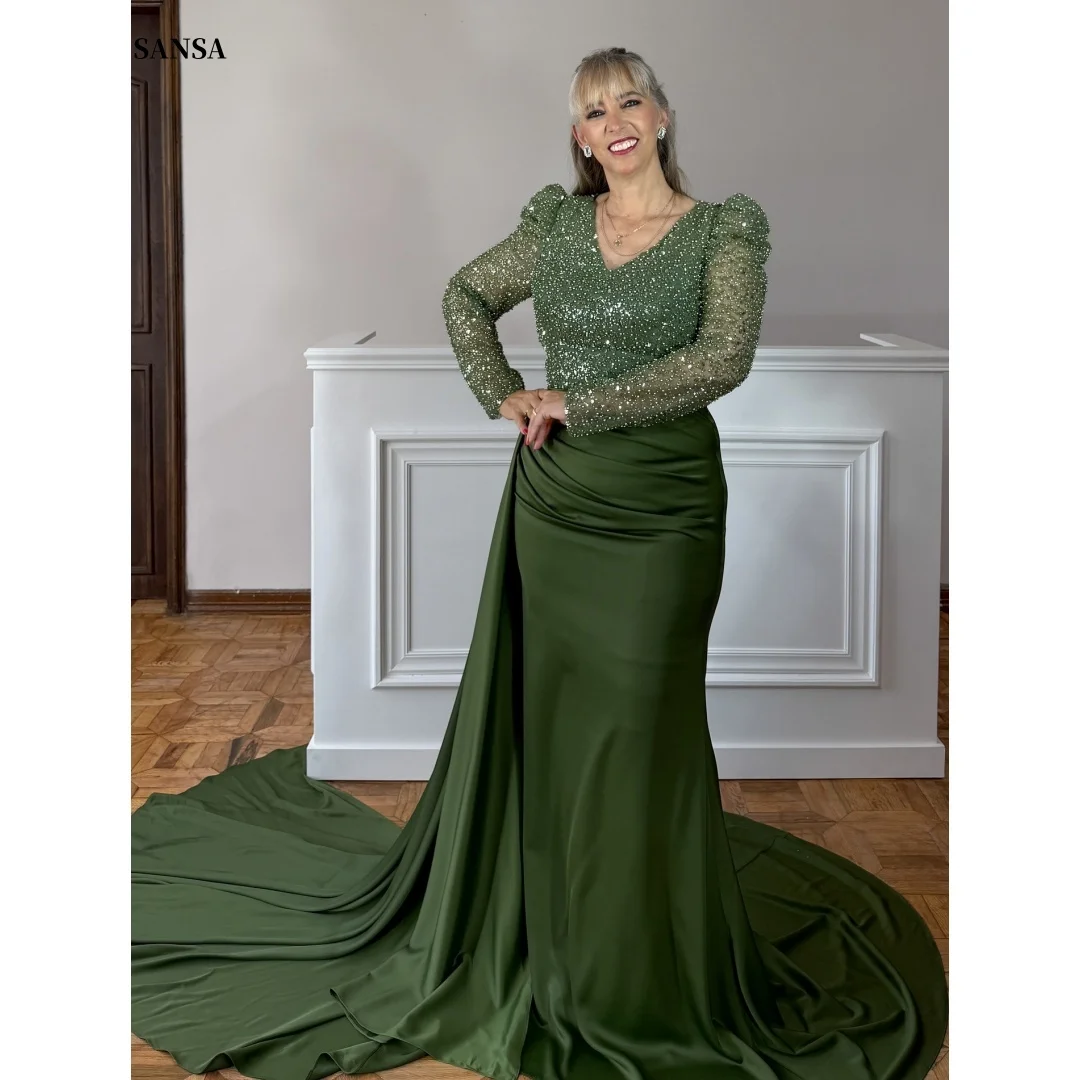 

Sansa Customized Green Glitter Prom Dresses Mermaid فساتين للمناسبات الخاصة Long Sleeves vestidos de festa