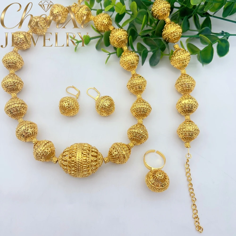 High-End Luxury Elegant Alluvial Gold Fashion Popular Jewelry Set Women Wedding Party Banquet Necklace Earrings Ring 4pcs Gift