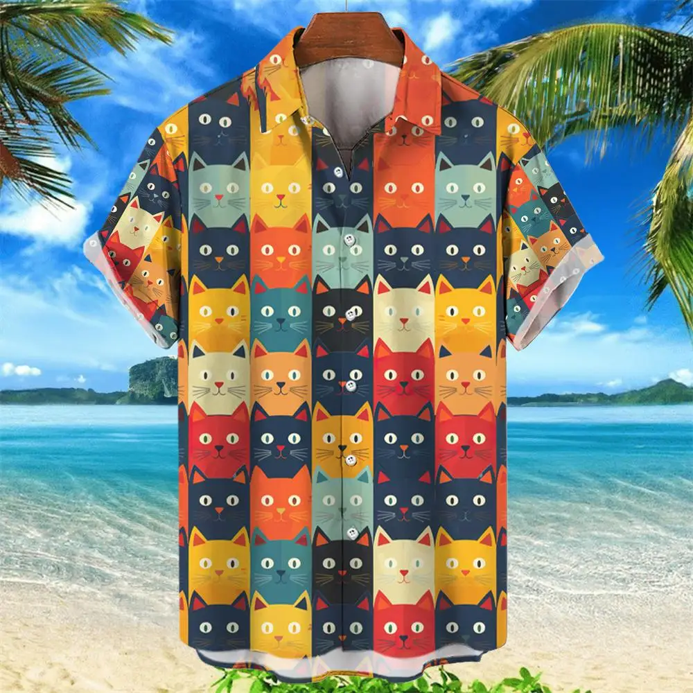 Men's Hawaiian Shirts 3D Print Colorful Cat Fashion Button Short Sleeve Lapel Streetwear Hawaiian Blouse shirts for men Summer