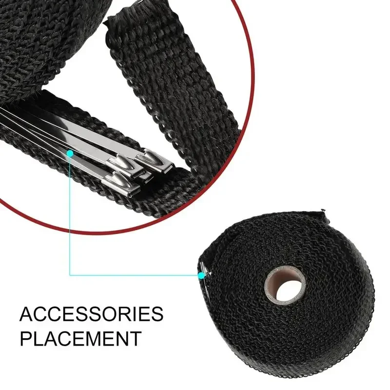 High Quality 5M Titanium/Black Exhaust Heat Wrap Roll for Motorcycle Fiberglass Heat Shield Tape with Stainless Ties