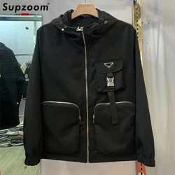 Supzoom New Arrival Autumn And Winter Geometric icons Zipper Pattern Top Fashion Loose Hide Hat Casual coat Jacket Men