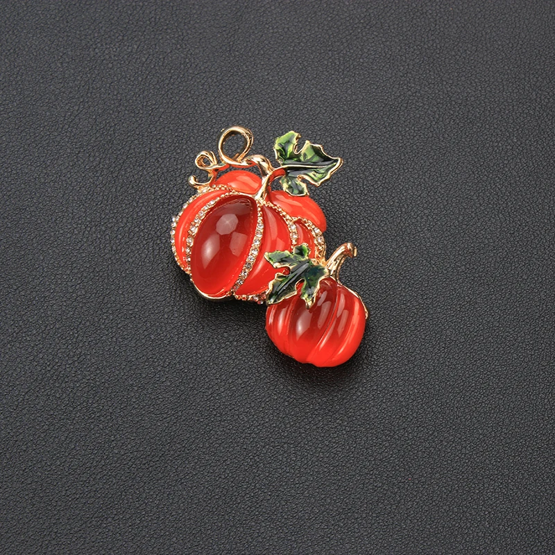 Vintage Pumpkin Brooch Pin Enamel Leaf Rhinestone Crystal Fall Harvest Lapel Pin Jewelry