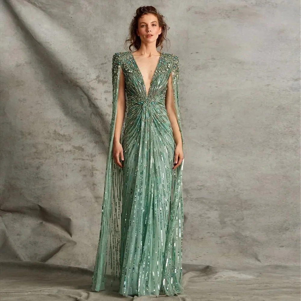 

Green V-Neck Beading Cape Sleeve Evening Dresses Chapel Train Formal Occasion Luxury Gowns For Elegant Women Guest 2024