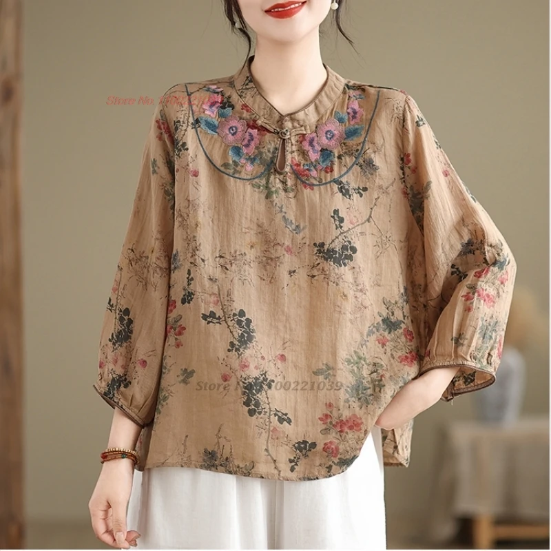 

2024 chinese vintage hanfu tops national improved cotton linen blouse oriental flower print embroidery folk blouse streetwear