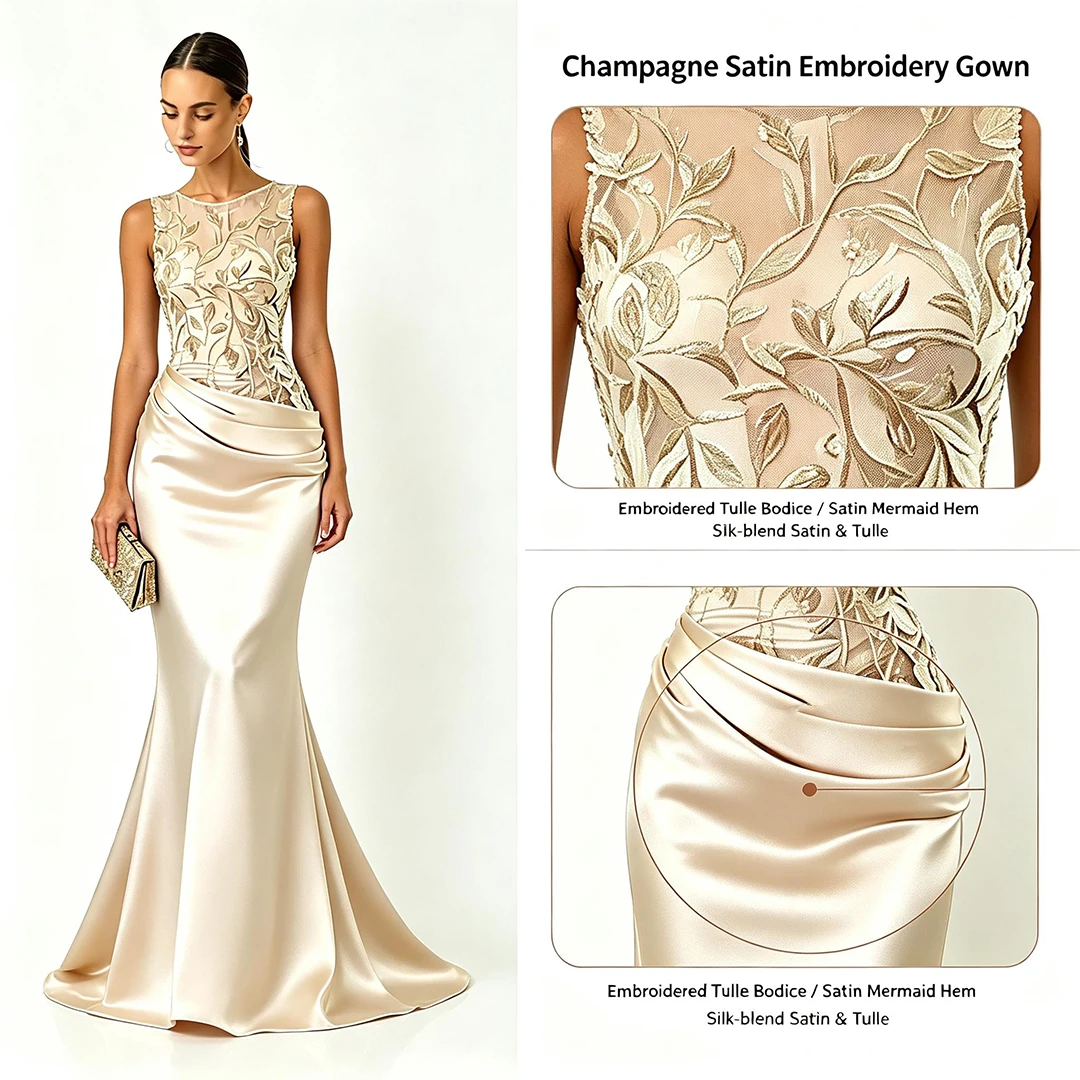 Luxury Satin Long Evening Dress Sleeveless O-Neck Floor Length Applique Prom Gown Special Occasion Vestido Women Party