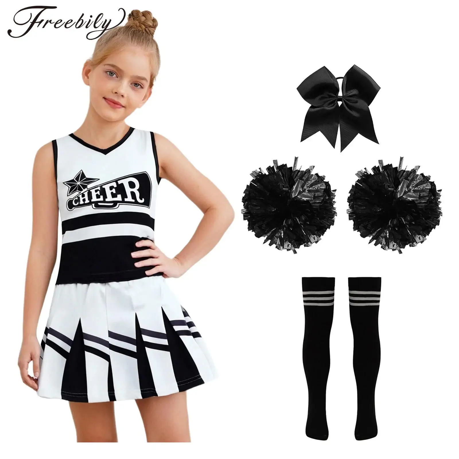 

Children Girls Halloween Carnival Cheerleading Cosplay Performance Costume Vest with Pleated Skirt Hair Ties Flower Ball Socks