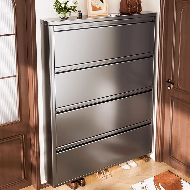 Ultra-Thin Flip Shoe Cabinet 12cm Deep Space Saving Steel Shoe Rack for Narrow Entrance Hallway
