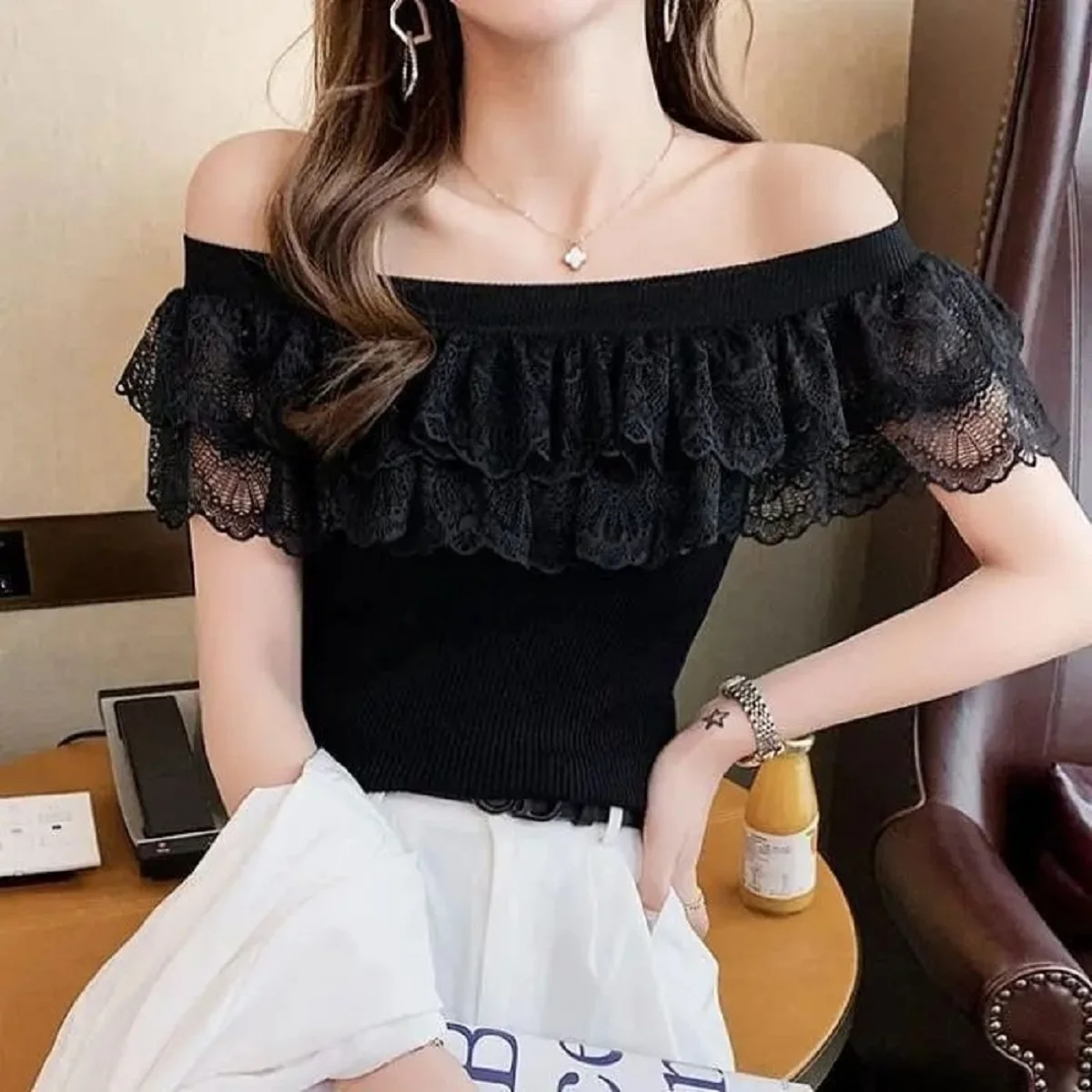 Sweater Elegant Lace Ribbed  Exquisite Contrast Lace Pullover  Classic Crew Neck Short Sleeve Casual Daily Wear Special Occasion