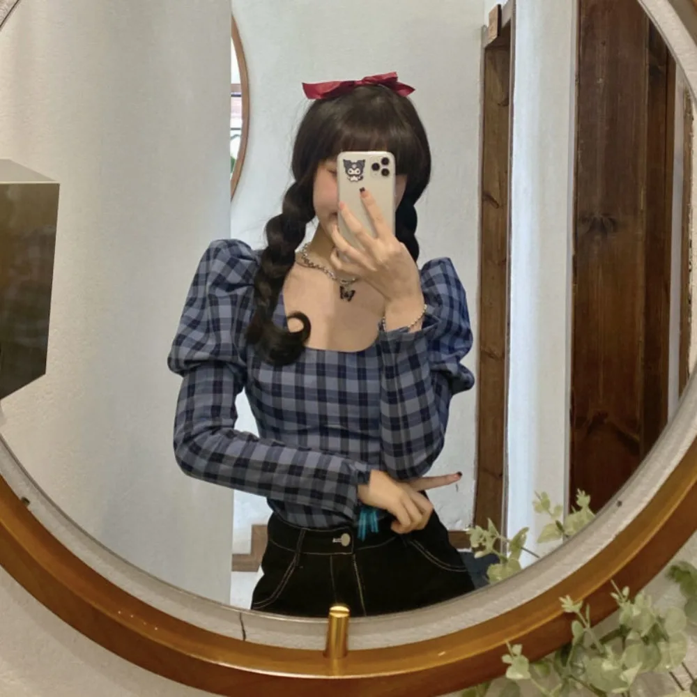 Neploe Ruched Simple Square Collar Lantern Sleeve Shirt Plaid Slim Minority Vintage Blouses All-match French Style Korea Blusas