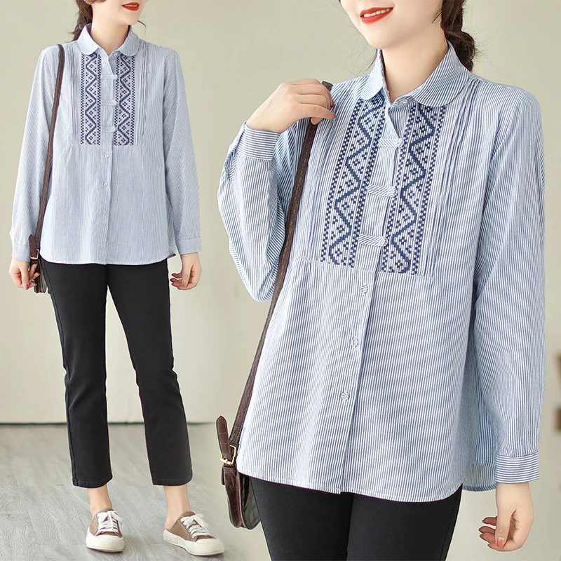 

Elegant Commuter Style Long Sleeve Striped Shirt Women's Loose Fit Button up Embroidered Design Slimming Trendy Top