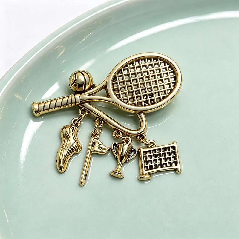 Retro Tennis Racket Brooch Antique Gold Tone Sports Pin Tennis Ball Trophy Shoe Net Dangle Charms Jewelry