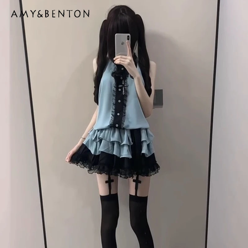 

Retro Blue Lace splcing Halter Women's Vest Sling Dress Summer New Waist Thin Age-reducing Sleeveless Cake Tutu Dresses Ladies