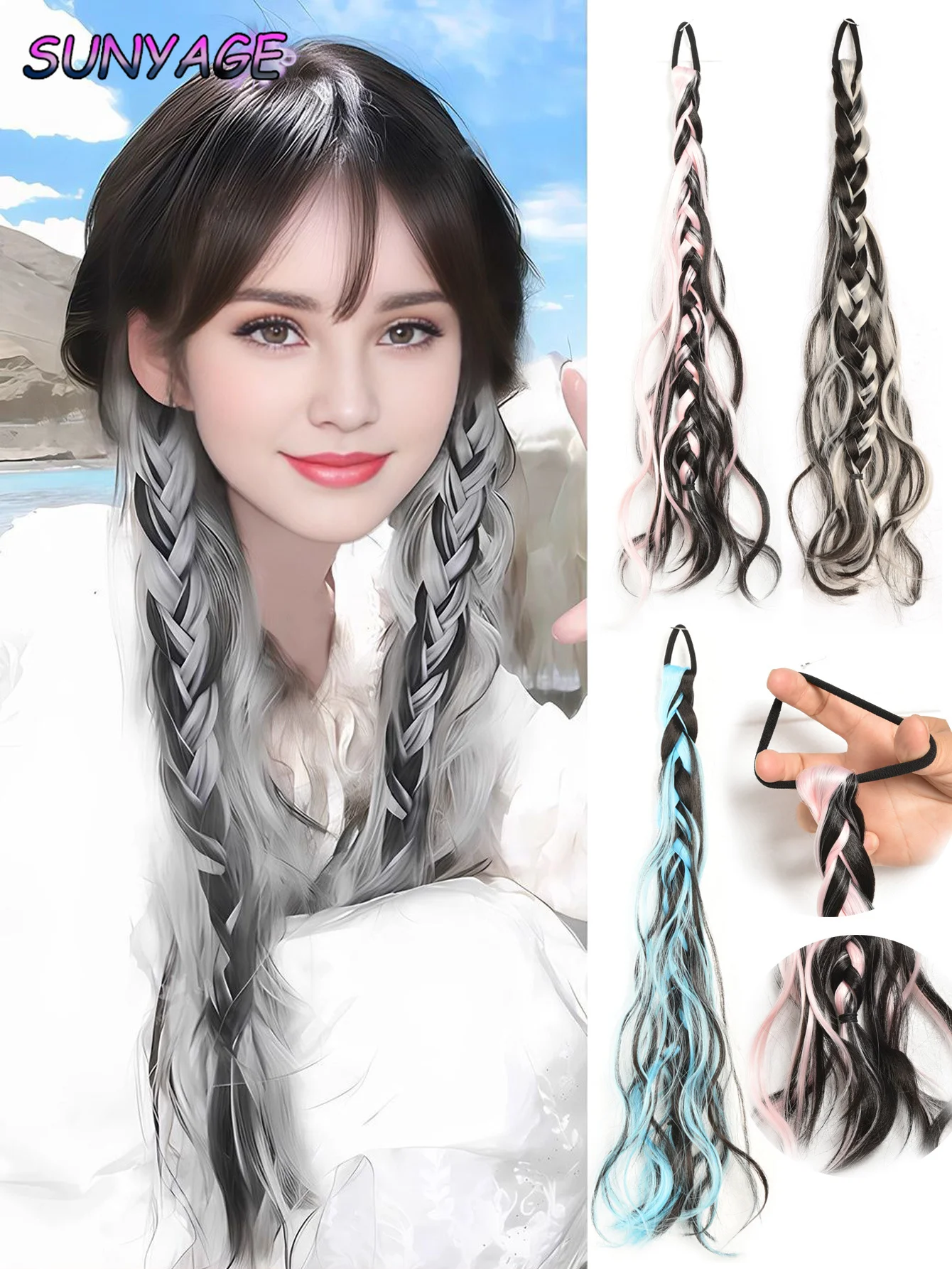 

Synthetic wig y2k Twists braid female ponytail messy cross dye double Twists braid ponytail braid pink hot girl boxing braid