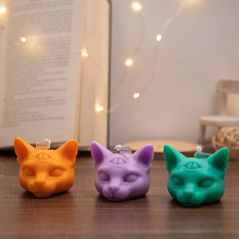 Three‑Eyed Cat Aromatherapy Scented Candle Halloween Wedding Decor Creative Gothic Multi‑Color Soy Wax Candle Ornament Gift