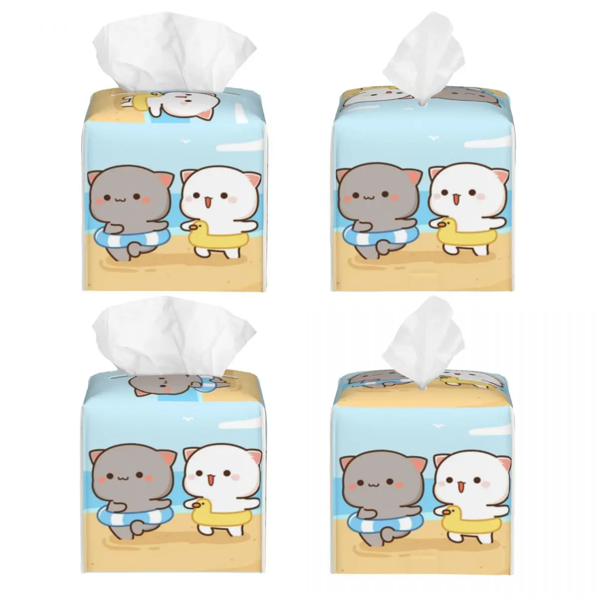 Custom Peach And Goma Tissue Box Holder Square Cartoon Mochi Cat PU Leather Facial Tissue Box Cover for Car Home