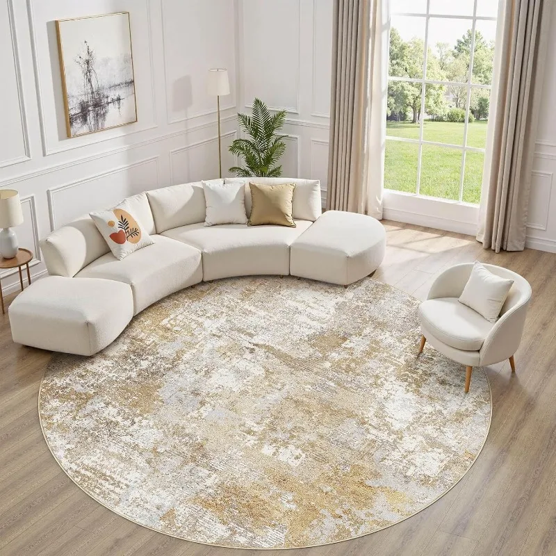 

Washable 8' Round Area Rug for Living Room: Modern Abstract Neutral Large So' Thin Rugs - Non Slip Indoor Carpet for Be