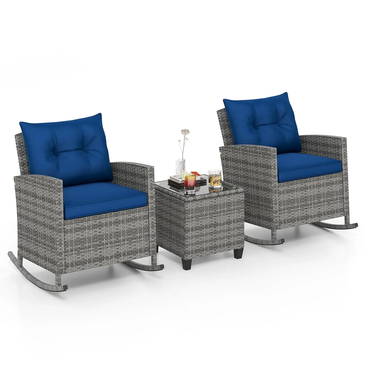 3 Pieces Patio Rattan Rocking Bistro Set PE Wicker Chair Glass Table Outdoor Furniture Cushion Backyard Porch, Customized