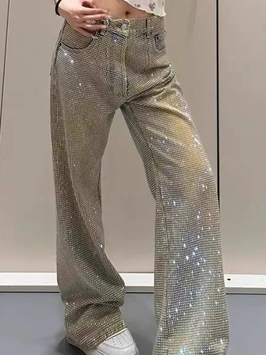Shiny Rhinestone High Waist Loose Fit Straight Leg Jeans Women's Autumn New Style Fashionable Wide Leg Floor-Length Pants
