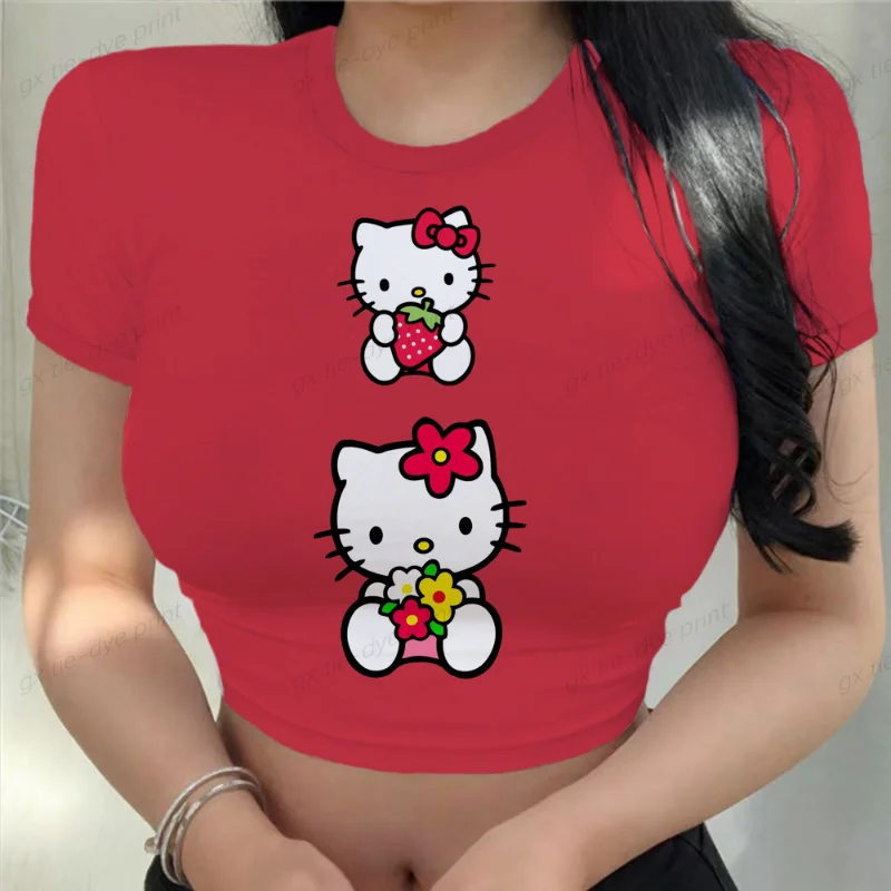 Hello Kitty T-shirt Women's Y2k Short Top O-neck Letter Pink Black Street Wear Short Sleeve T-shirts Summer Tight Casual Tops