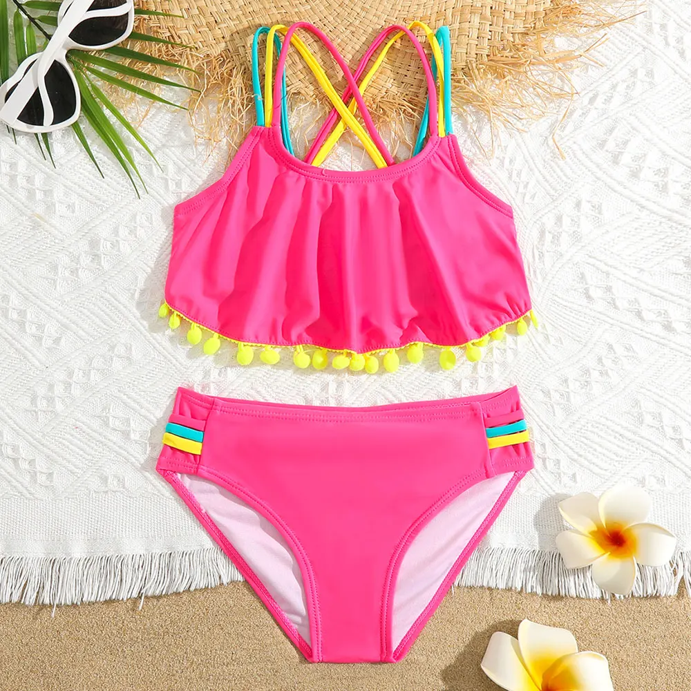 Girls Solid Ruffle Flounce Bikini Swimsuit Kids Criss Cross Back Two Piece Children\'s Swimwear 5-12 Years Bathing Suit Beachwear