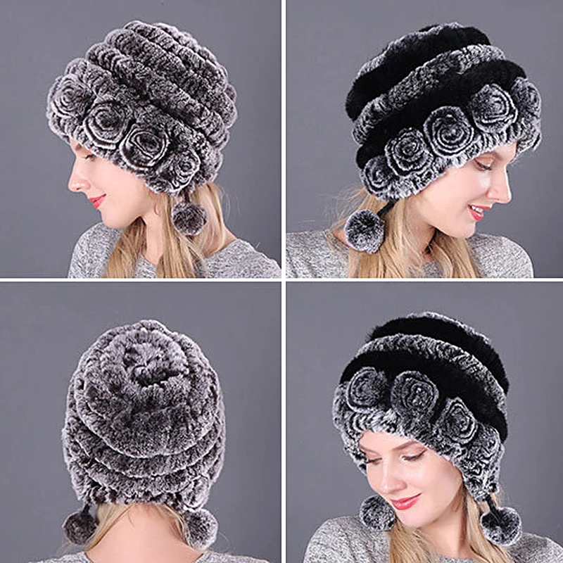 Frau Natürliche Faux Kaninchen Pelz Hut Rose Muster Haar Ball Draht Stoff Futter Mehrere Farbe Optionen Winter Warm Caps