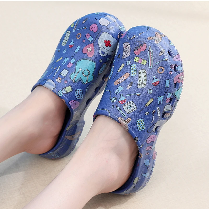 ICU Print Scrub Shoes Medical Nursing Clogs Doctor Nurse for Women and Men Hospital Work EVA Anti Slip Garden Strap Light Clogs