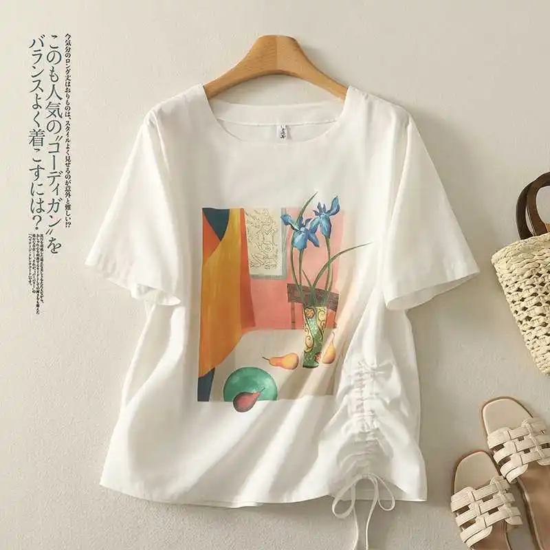 

Women Summer Mori Girl Cartoon Printed Casual Loose T-Shirt Korean Fashion O-Neck Short Sleeve Side Drawstring Cotton Linen Tops