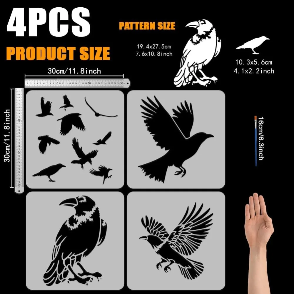 4PCS Flying Crow Stencil for Painting 11.8x11.8inch Black Birds Template with Paint Brush Reusable Flying Raven Painting Stencil