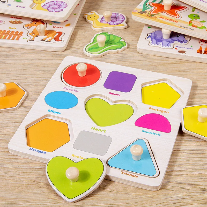 Wooden Puzzle Montessori Toys for Kids Cartoon Animal Traffic Hand Grab Boards Early Learning Educational Toys for Children