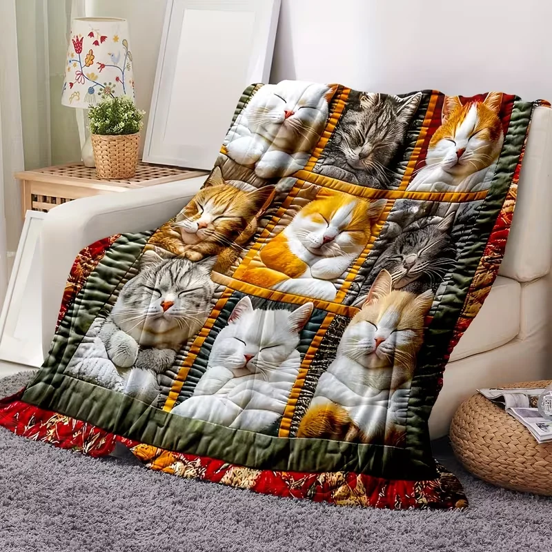 Cartoon Cat Flannel Blanket, Nap Blanket for Sofa Bed, Warm Comfortable Soft Blanket Gift, Sofa Bed Travel Camping Living Room