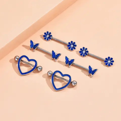 3 Pairs Nipple Ring Sets Stainless Steel Butterfly Flower Heart Crystal Nipple Piercings Pack Blue Pink Zircon Shield Barbell