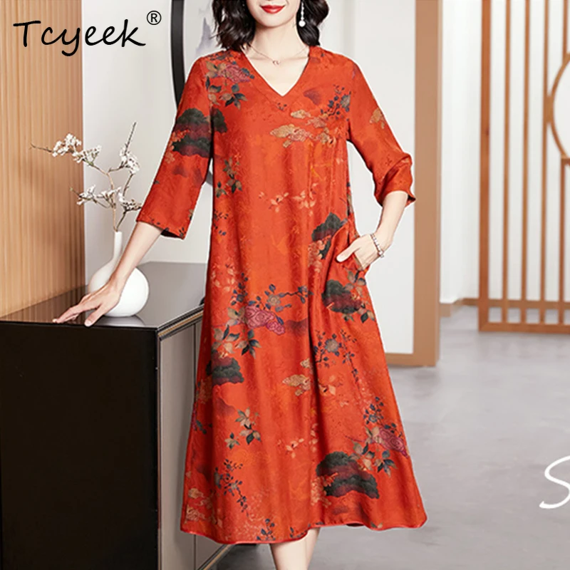 

Tcyeek 100%Real Silk XiangYunSha Dresses Women,V-Neck Plus Size Pocket Retro,Slim Elegant A-line Dress,2024 Spring D42301QD