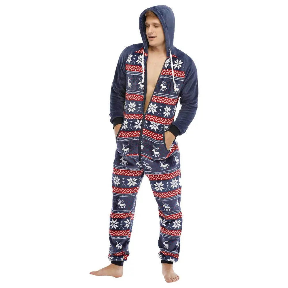 Men Jumpsuit Pajamas Warm Fleece Onesie Christmas Elk Print Long Sleeve Pajamas Flannel Zipper Hoodie Leisure Man Onesie Adults