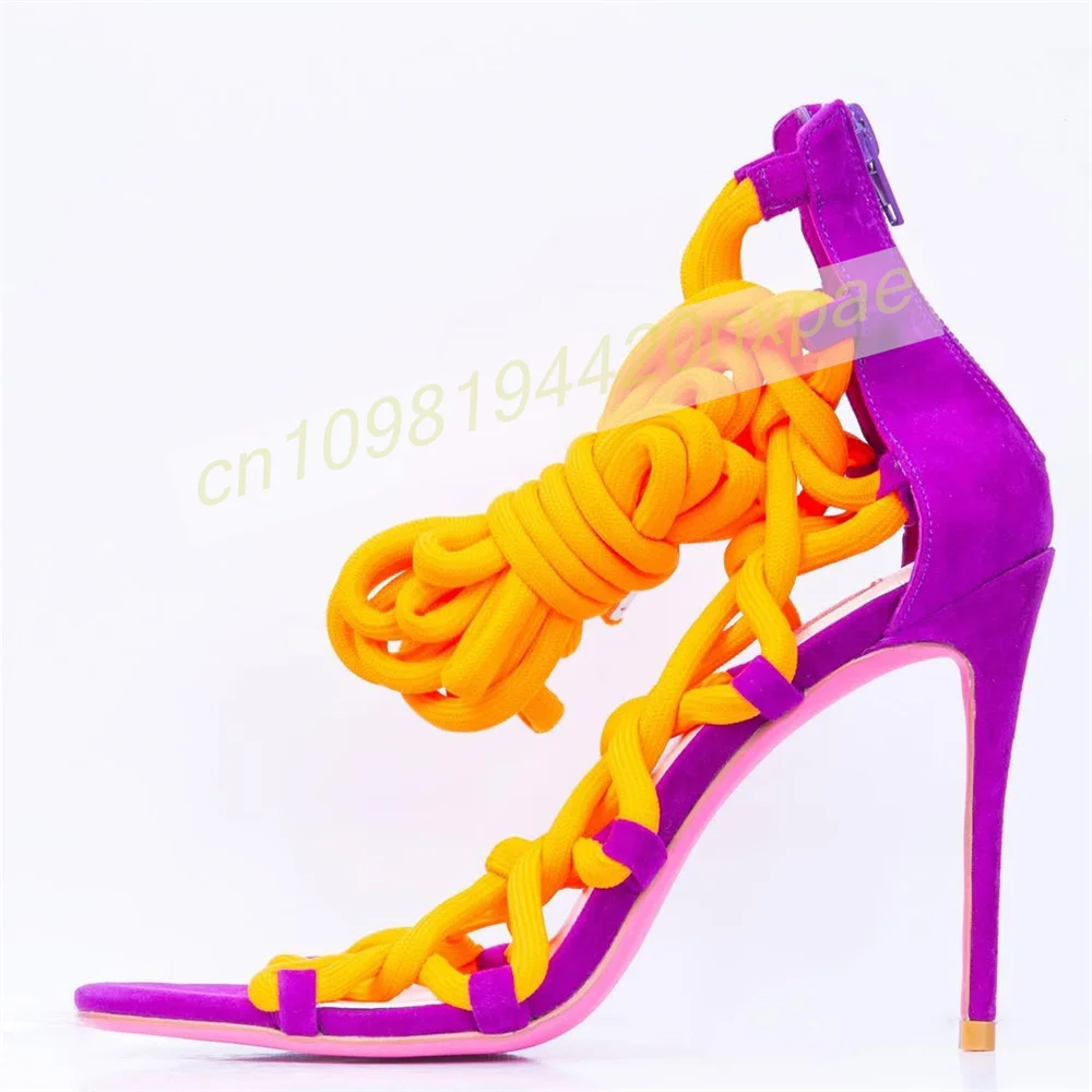 Women Purple Orange Suede Lace Up Stiletto Sandals Open Toe Rope Strap High Heel Sandals Ankle Wrap Prom Party Club Dress Shoes